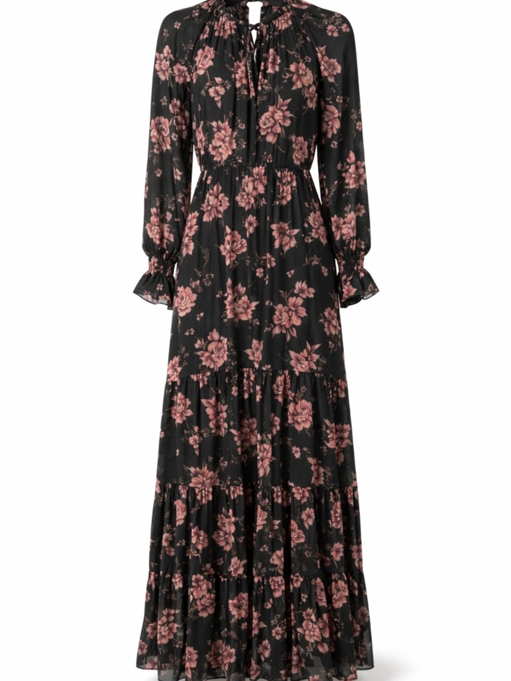 Free People Black Pink Floral Maxi Dress Sheer Long Sleeve Tiered Boho Sz Small